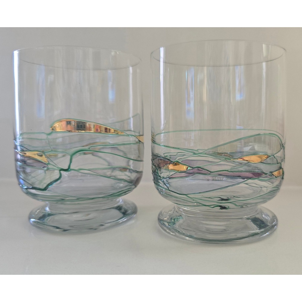 Fostoria mosaic Set of 2 Hand Painted Footed Tumblers Abstract Gold Leaf Accents